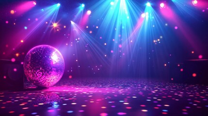 Disco party banner with light ball and speaker in night club. Vector landing page of music event, dance party with cartoon illustration of disco ball, purple invitation poster