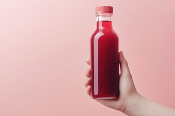 Hand holding vibrant red drink bottle against soft pink backdrop