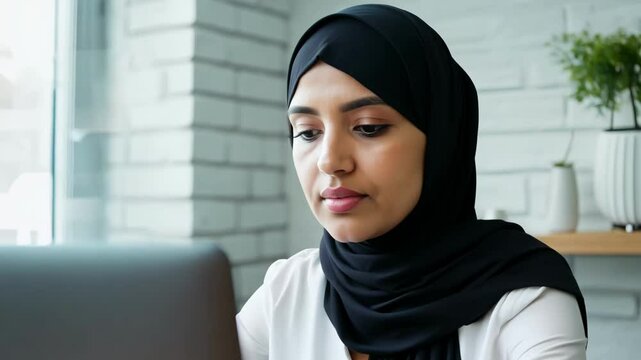A Middle Eastern woman in a black hijab thoughtfully reading on her laptop in a bright room with natural light. Her composed expression reflects focus and engagement with her work