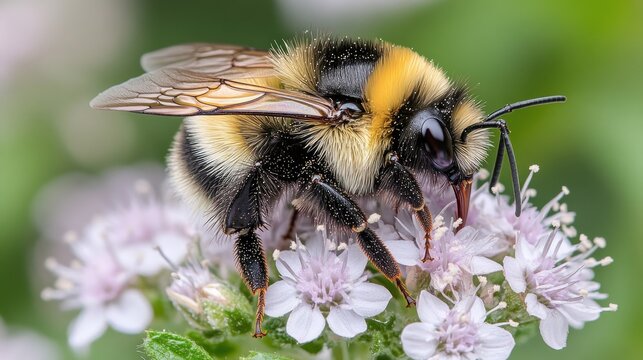 Bumblebee foraging on delicate pale purple flowers.