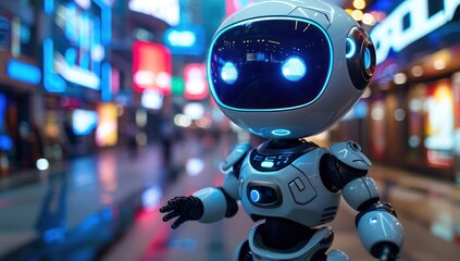 Futuristic Robot in a Cityscape at Night