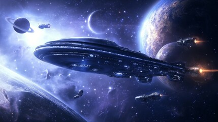 Obraz premium Space exploring icons, planets, rocket or shuttle, telescope, alien ufo with asteroid in dark starry sky. Fantasy computer game graphic design elements, cosmic objects, Cartoon vector illustration set