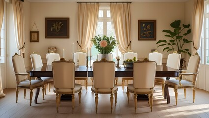 A formal dining room featuring an elegant table surrounded by stylish chairs, creating a sophisticated atmosphere