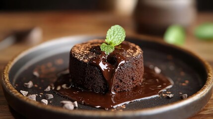 Molten chocolate cake dessert on dark plate.
