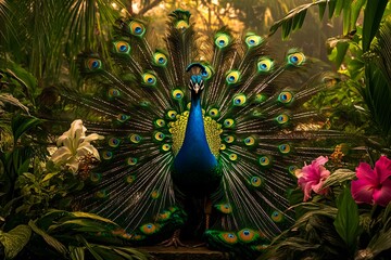 Obraz premium peacock with feathers full body wildlife portrait