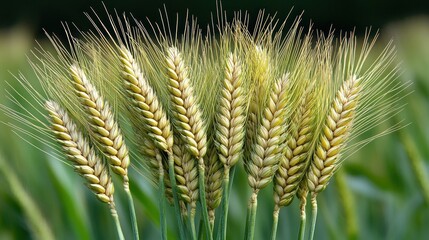 Close-up of ripe wheat stalks in a field.