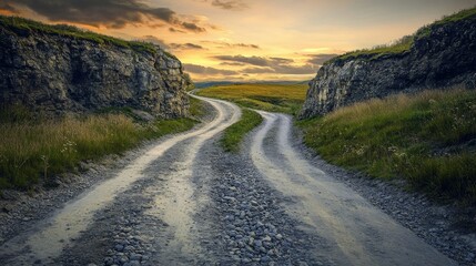 Concept of choice between hard and easy way. Vector cartoon landscape with road fork, direction sign, curvy path with rocks and straight simple road. Problem of choosing way