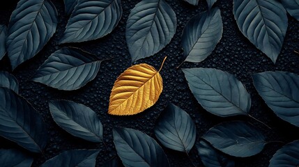 striking composition of dark leaves with a golden leaf symbolizing diversity and elegance on a dark textured background
