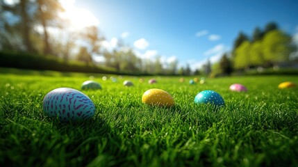 Naklejka premium Colorful Easter eggs hidden in a sunny green grass field.
