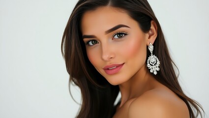 Fototapeta premium Beautiful woman with long dark hair and elegant earrings.