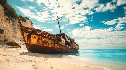 Famous Navagio Beach (Smugglers Cove) with an abandoned shipwreck on the sandy shore, surrounded by towering cliffs and crystal-clear turquoise waters.