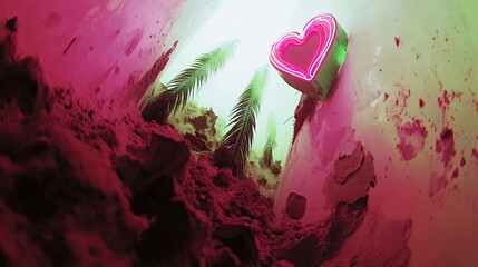Surreal Neon Heart in Pink Cave with Plants