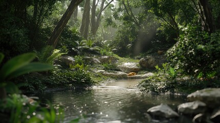 A serene forest scene with a stream and lush greenery, evoking tranquility and nature's beauty.