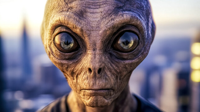 Extraterrestrial being observing human cityscape at sunset