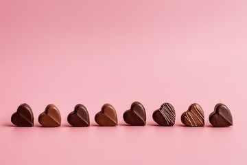 Seven heart-shaped chocolates arranged in a row on pink background
