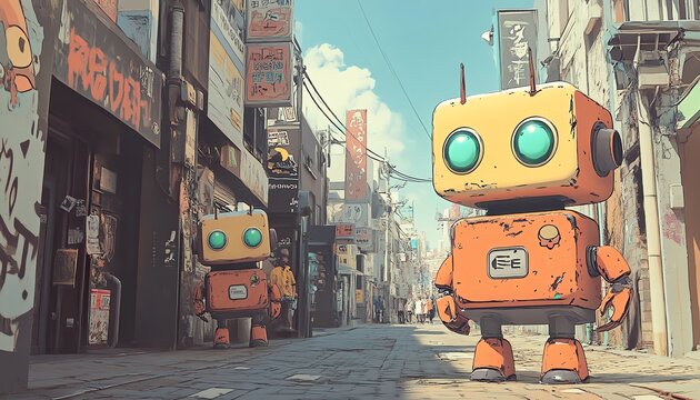 Two cute, retro-style robots stroll down a vibrant Asian-inspired city street.  A charming illustration with vintage aesthetics.