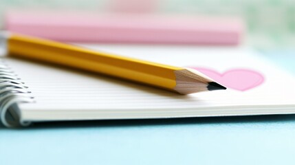 Fototapeta premium Yellow Pencil on Notebook with Heart Drawing Close Up