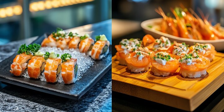 Delicious sushi and shrimp dishes served on elegant platters. Perfect for restaurant menus, food blogs, or culinary websites.