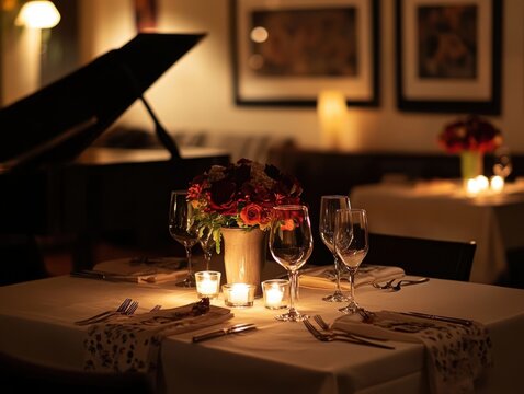 Cozy private dining room setup, candles, soft music in the background, intimate celebration feel