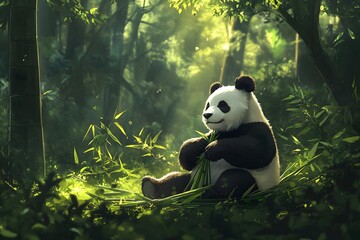 Fototapeta premium giant panda eating bamboo full body wildlife portrait