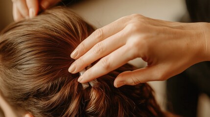 Obraz premium Close-Up of Hands Styling Hair with Hairpin in Natural Lighting
