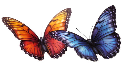 Obraz premium Two colorful butterflies with vibrant wings in mid-flight on a transparent background