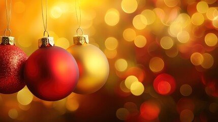 Fototapeta premium Merry Christmas: Festive Red and Gold Ornaments Hanging Against a Sparkling Bokeh Background