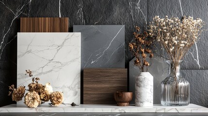 A refined mood board with white marble, gray stone, walnut wood swatches, black stone tiles, and dark gray walls