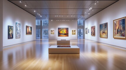 Art gallery empty 3d room with white walls, floor and illumination lamps. Museum interior passages with lights for pictures presentation, photography contest exhibition hall, Realistic vector mock up