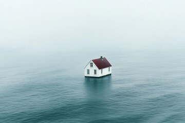 Solitary white house with red roof floating in calm waters under a foggy sky