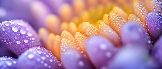 Fototapeta premium Close-up of dew drops on vibrant purple and orange flower petals. Macro photography showcasing nature's beauty.