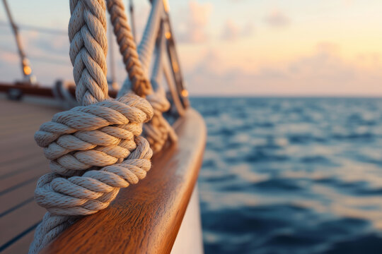 Close-up of nautical rope knot on a wooden boat railing with ocean and sunset in the background