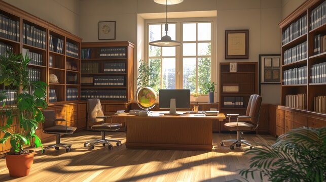Principal school office interior, empty room with director table, computer, books and globe on desk, chairs for visitors and bookcases with files folders, potted plants. Cartoon vector illustration
