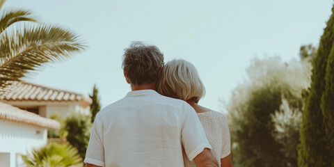 retired couple in front of their holiday home