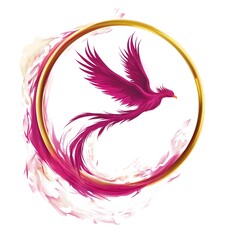 Fototapeta premium Crimson Phoenix in Golden Halo: A vibrant crimson phoenix soars within a golden halo, its wings spread majestically, surrounded by swirling, ethereal brushstrokes.