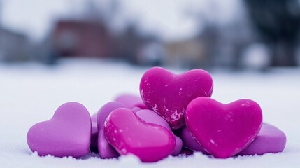 Obraz premium Purple Heart Shapes on Snow Winter Romance