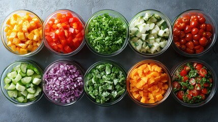 Assorted chopped vegetables in glass bowls.
