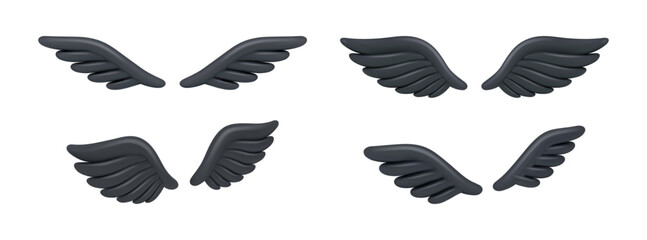 Black gothic wings, isolated pair for animal or angel. Vector set of realistic 3d icons for character appearance, personage decoration for game or shopping gift. Winged design for fairy or magician