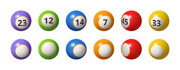 Numbered balls for gambling game bingo or billiard. Vector isolated sphere with numbers and colors, lottery lotto entertainment and fun. Realistic objects with shiny reflection, casino design