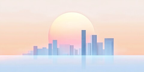 Fototapeta premium Serene cityscape at sunset. Minimalist pastel colors, calm ocean reflection. Ideal for backgrounds, websites, and design projects.