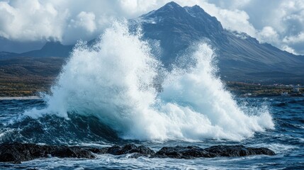 Dramatic ocean wave crashing on rocks near mountain.