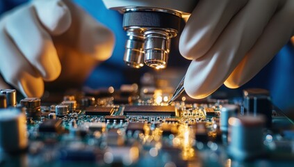 Close-up of a Microchip Under a Microscope During Repair