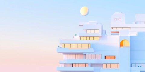 Fototapeta premium Pastel-colored modern building at sunset. Minimalist architecture and serene sky. Ideal for design, travel, and real estate projects.