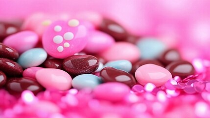 Closeup Pink and Brown Sweet Candies on Pink Glitter Background