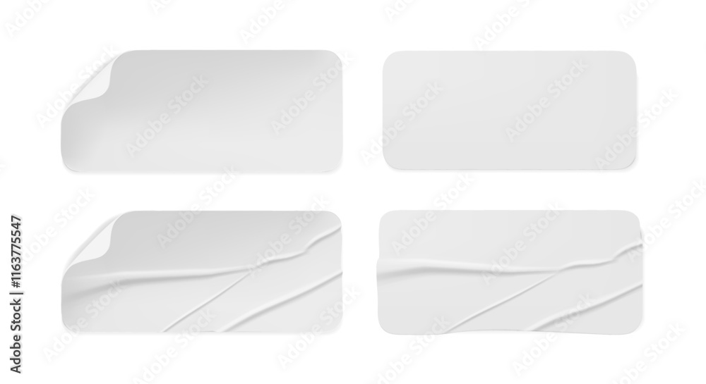 Poster Blank glued stickers with copy space. Vector isolated realistic paper notes with crumpled and wrinkled texture. Surface of labels or pricetags with glue and folding bend corner. Clean and curled badge