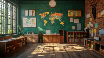 Sunlit classroom with world map, wooden furniture, and bookshelves.