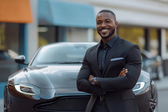 Professional Car Salesman Excitedly Showcases Sleek New Vehicle, Generative AI