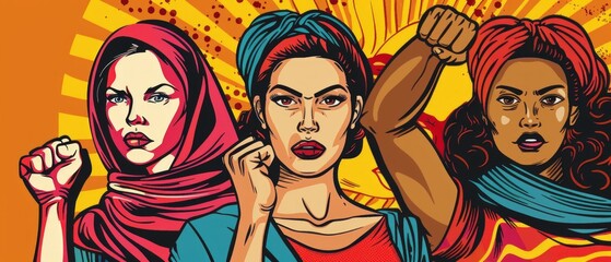 Image with three women raising their fists in protest. This image will be useful for materials about feminism, human rights and social justice.