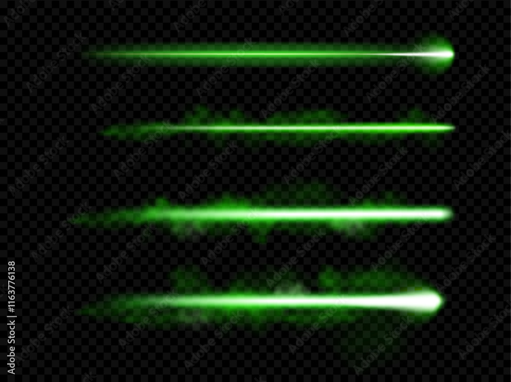 Poster laser strike with bright shiny sparkles, isolated realistic set of horizontal green lines with vapor