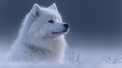 Obraz premium A serene portrait of a Samoyed dog against a snowy landscape.